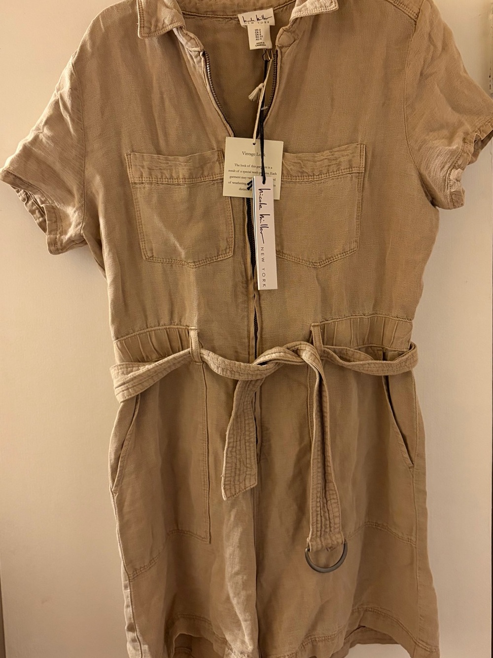 NWT Nicole Miller tan Utility Zip-Front Romper size 2